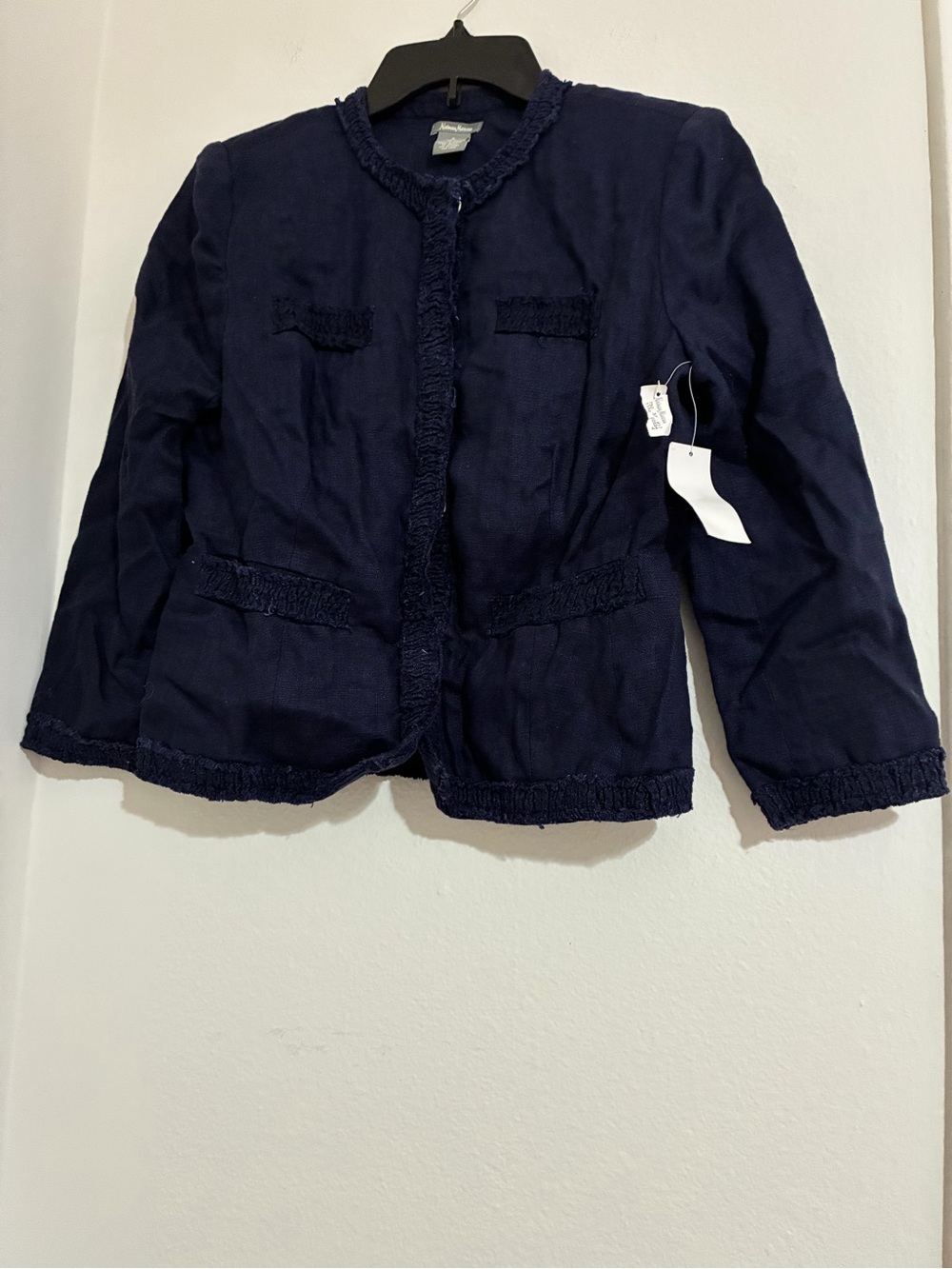 Neiman Marcus Navy Fringe-Trim Blazer